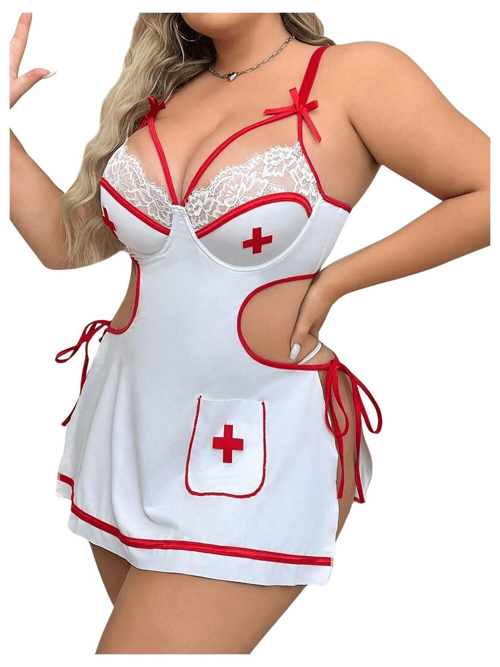 4561 Plus Size 3 Piece Babydoll Lingerie Set Nurse Roleplay Costume Side